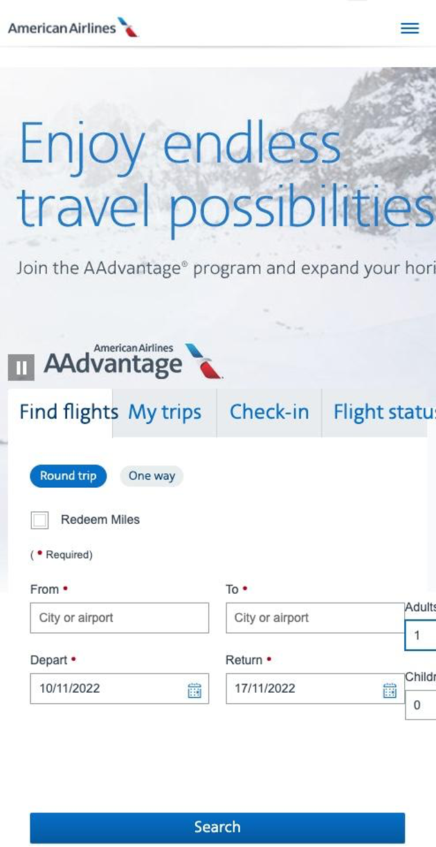 American Airlines homepage